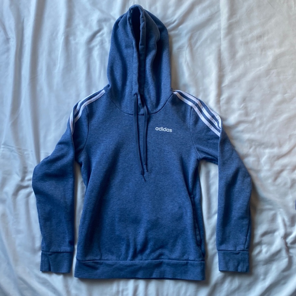 Adidas blue three stripe hooded sweatshirt. Size XS